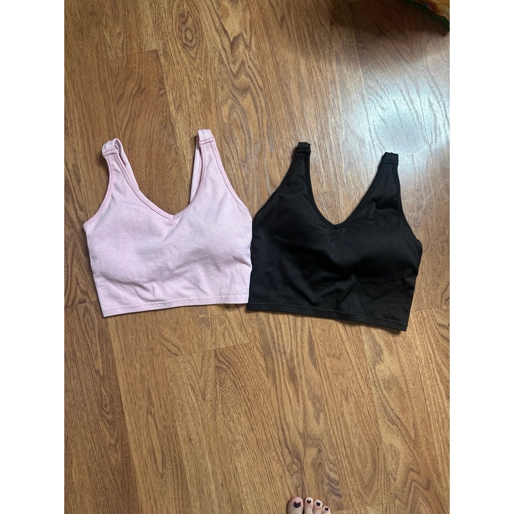 Yogalicious 2 Pack Ribbed V-Neck Sports Bra Tank Tops Pink & Black Medium